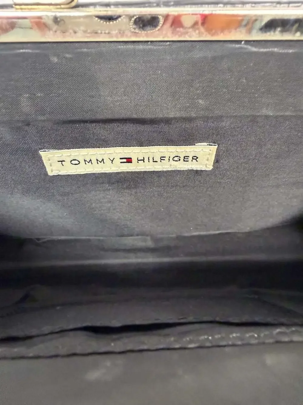 Tommy Hilfiger Black Faux Crocodile and Fabric Kiss Lock Clutch
